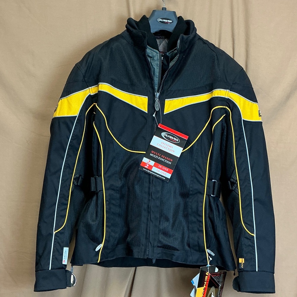 Olympia Moto Sports Black and Yellow Motorcycle Padded Jacket Women's Size L NWT